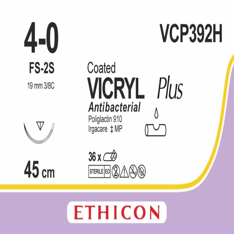 VICRYL PLUS фіолетовий 45см M1.5 USP4/0 одна голка FS-2S, тип зворотньо-ріжуча Reverse Cutting, 19мм, 3/8 кола